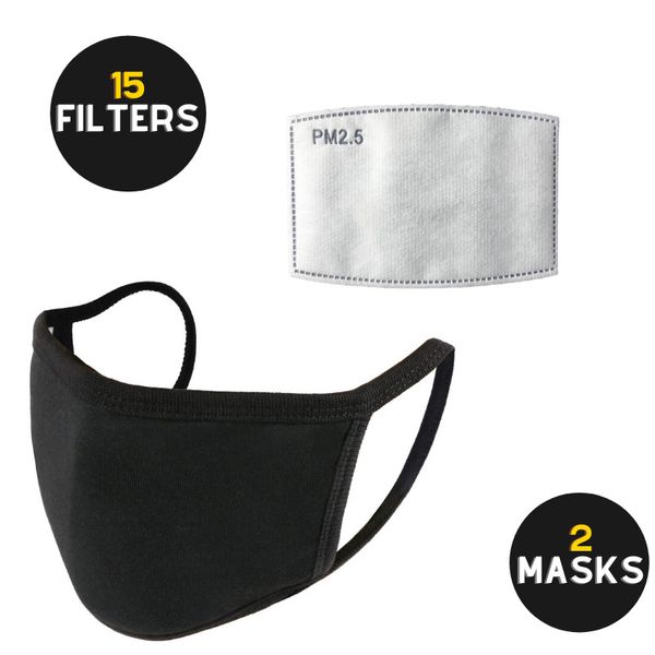 Restorz 2 Pack Reusable Cotton Face Mask with 5 Layer Carbon Filters - Black