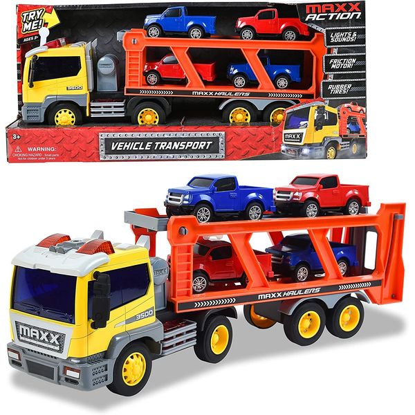 Sunny Days Entertainment Maxx Action 17’’ Vehicle Transport with 4 Diecast Trucks – Bright Lights and Car Sounds | Friction Powered Trailer | 6 Piece Toy Playset for Kids