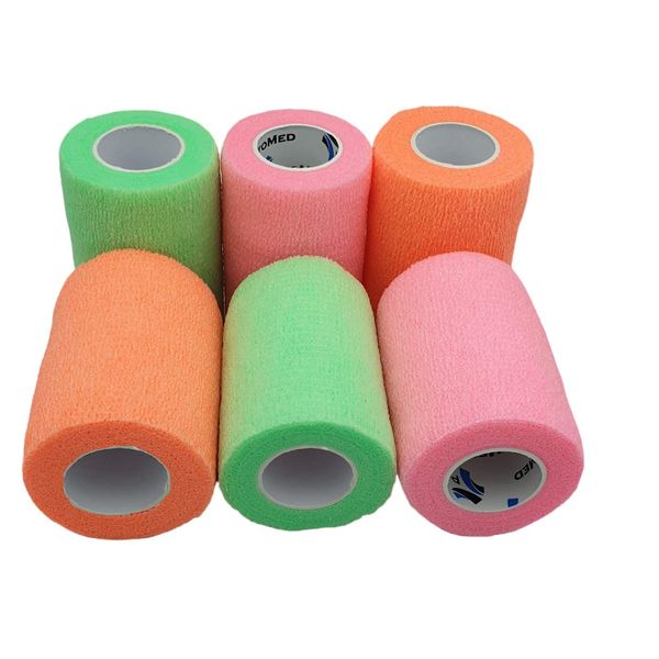 PintoMed Selbstklebender Verband Gedehnt - 2 x Rosa + 2 x Orange + 2 x Neongrün - 7,5cm x 4,5m - Bandagen Rollen Haftbandage Fixierbinde Health Pflaster Sport tape Stück Handgelenk Bein, Arm Vet Wrap