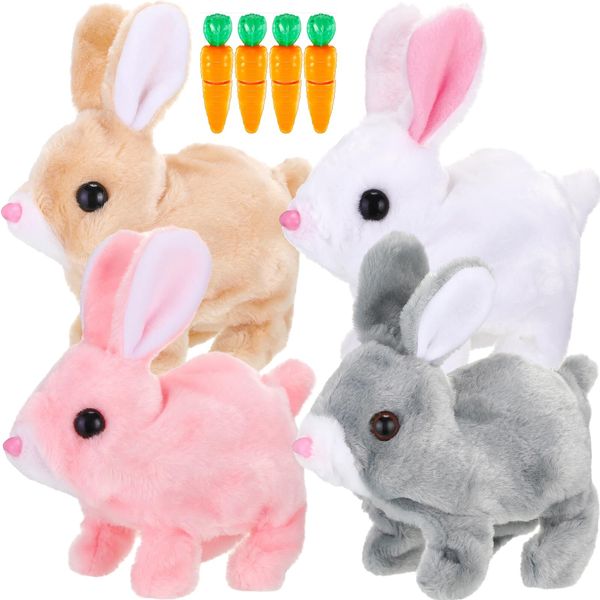 Lenwen 4 Set Bunny Toy Hopping Bunny Toy Interactive Bunny Can Walk and Talk Plush Stuffed Animal Walking Rabbit Toys Educational Toys for Easter Christmas Birthday Gift(Rabbit)