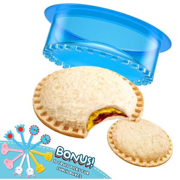 HiYZ Sandwich Cutter and Sealer - 5 PCS Decruster Sandwich Maker - Peanut Butter and Jelly Crustless Sandwich Bread Pancake Maker Cookie Cutter for Kids Children Boys Girls (Blue with Food Picks)