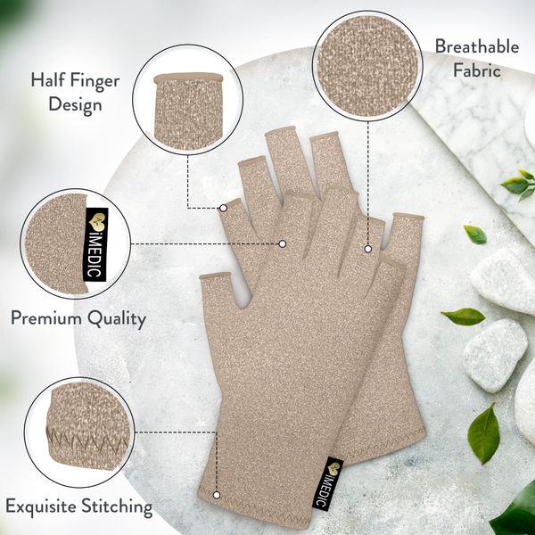 iMedic Arthritis Gloves for Womenand Men - 1 Pair of Compression Gloves to Provide Warmth - Fingerless Gloves for Womenand Men - Fingerless Gloves for Arthritis Pain Relief - Cream Coloured, Medium