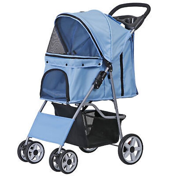 Pet Stroller Cat Dog Stroller 4 Wheel Travel Folding Carrier Strolling Cart Blue