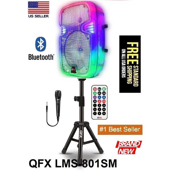 QFX LMS-801SM 8" Rechargeable Party Speaker Bluetooth USB/SD/FM/AUX+Mic & Stand