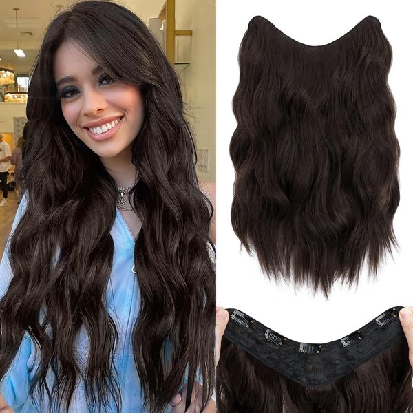 S-noilite One Piece Clip in Hair Extensions 18 Inch U-Shaped Black Brown Hair Extensions Weft with 5 Clips 3/4 Full Head Long Wavy Synthetic Curly One Piece Thick Hairpieces for Women,#6A