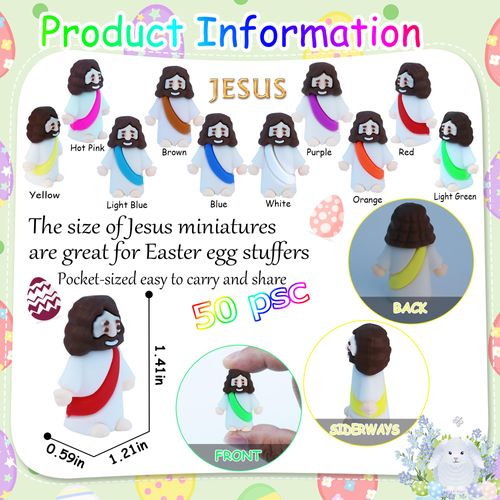 50 Pcs Little Jesus Figures Easter Mini Rubber Jesus Toys to Hide and Seek, Little Pocket Jesus Miniatures Religious Party Favors Baptism Gifts Sunday School Easter Egg Stuffers (Mix-10 Color)