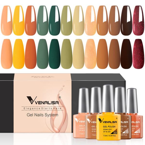 VENALISA Gel Nail Polish Set - 12 Colors 7.5ml Green Brown Yellow Glitter Red Winter Polish Soak Off UV LED Nail Art Starter Manicure Salon DIY at Home