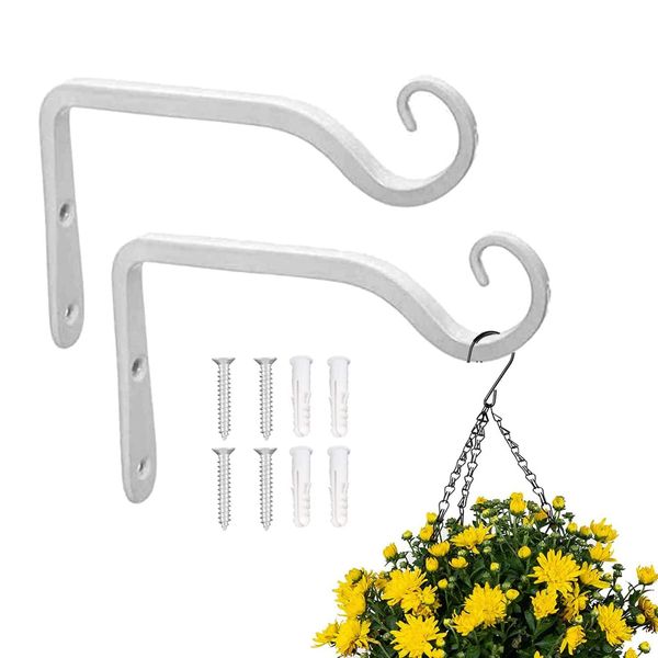 2 Pack Wall Hanging Basket Bracket, Wall Hanging Hooks Plant Basket Holder Hanger Hooks for Garden Lawn Light Flower Pots Bird Feeders Plants Lanterns Wind Chimes (White)