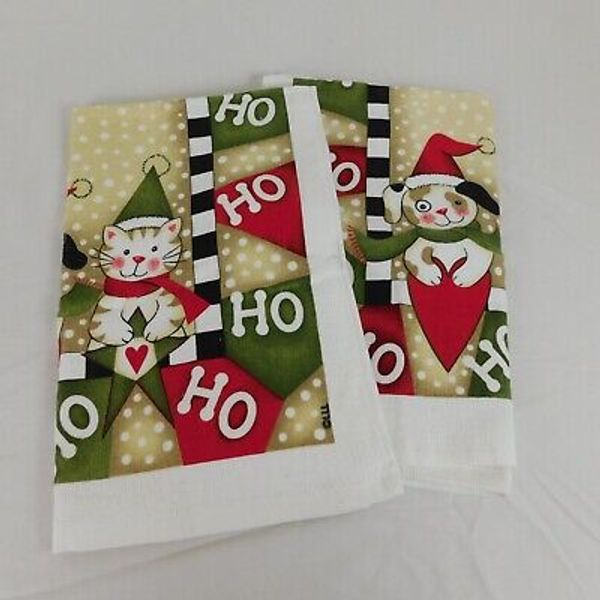 2 Christmas Kitchen Dish Towels Dog Cat Ho Ho Ho Pets Puppy Kitten Heart Star