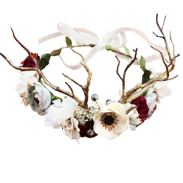 LLinfflr Deer Flower Crown Bridal Floral Headband Hair Wreath Flower Headpiece Halo Boho Party Prom Wedding Photos