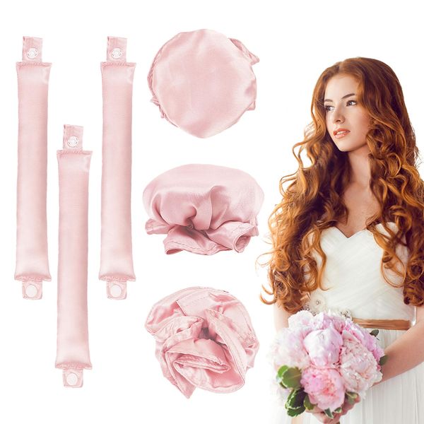 6 Pcs Set Heatless Hair Curler，Satin Heatless Curling Set, Heatless Curls Headband, Overnight Curling Headband, Heatless Curling Set, Creates Beautiful Curls Without Damaging The Hair (pale pink)