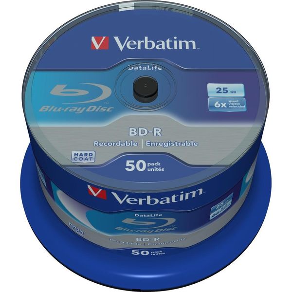 Verbatim BD-R SL Blu Ray Rohlinge, Datalife Blu Ray Disc mit 25 GB Datenspeicher, kompatibel mit Blu Ray Playern und Brennern sämtlicher Hersteller, 50er Pack Spindle