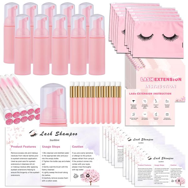 60pcs Lash Extension Cleaning Kit for Clients,10pcs Lash Brushes,10pcs Eyelash Brush with Tubes,10pcs Lash Bottles,10pcs Eyelash Bags,10pcs Lash Shampoo Stickers,10pcs Instruction Card (Pink 2)