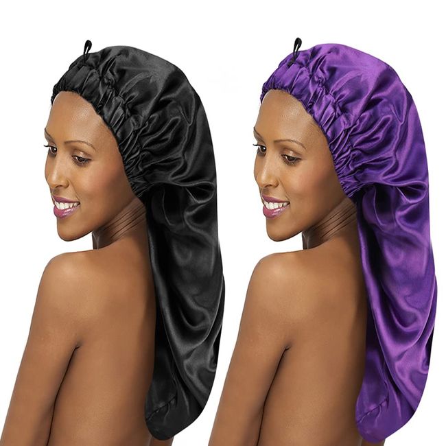 2PCS Satin Hair Braid Bonnet for Black Women Single Layer Sleep Cap with Button Black + Purple