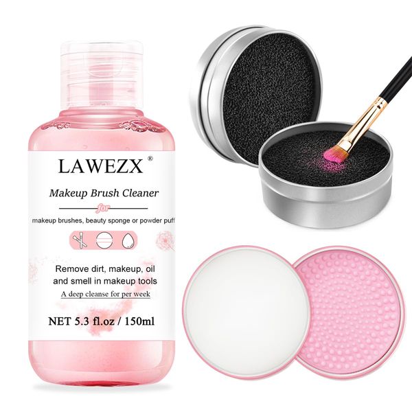 LAWEZX Makeup Brush Cleaner 4Pcs 150ml Liquid Brush Cleaner & Solid Soap Cleanser & Color Removal Sponge & Brush Cleaning Mat - Easy to Clean Brushes Removes Shadow Color, Vegan & Cruelty-free