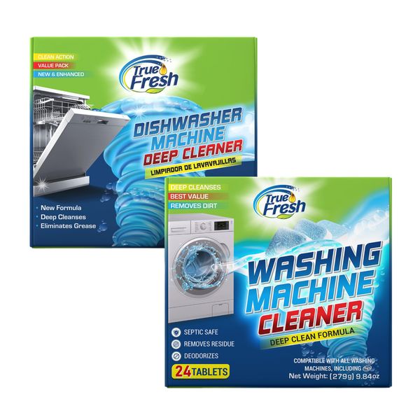 True Fresh Washing Machine Cleaner Tablets, Washer Tablets compatible with Laundry Front loader -Top load - HE, Dishwasher Cleaner and Deodorizer, Dishwasher Cleaner Tablets - 48 pcs Bundle