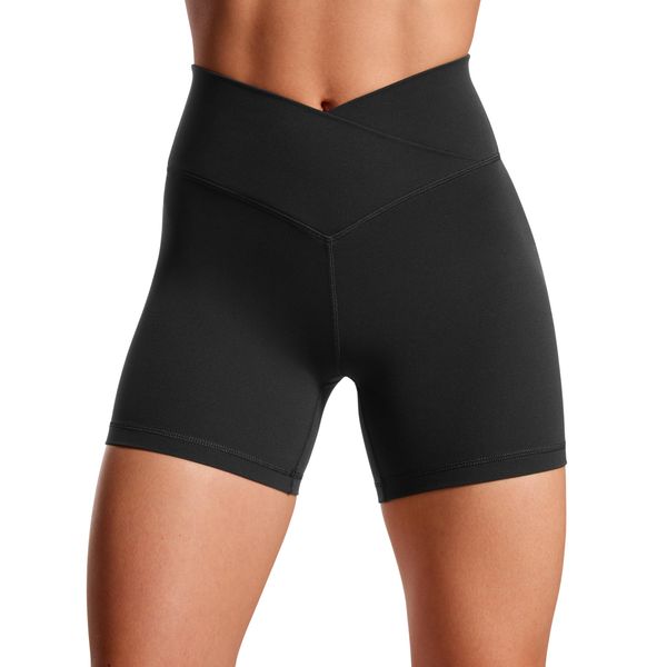 CRZ YOGA Womens Butterluxe Crossover Cycling Shorts 5 Inches - V Cross Gym Shorts High Waisted Tummy Control Workout Yoga Shorts Black 10