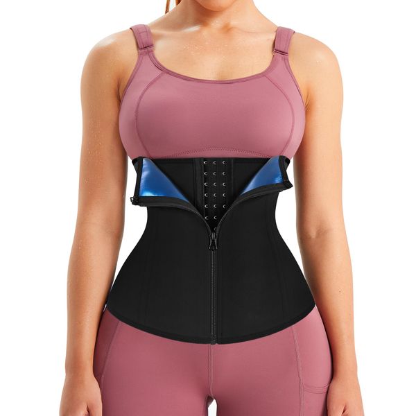 LEINIDINA Womens Waist Trainer Corset with Zipper Sweat Waist Trimmer for Women Workout Belt Corset Shapewear Black