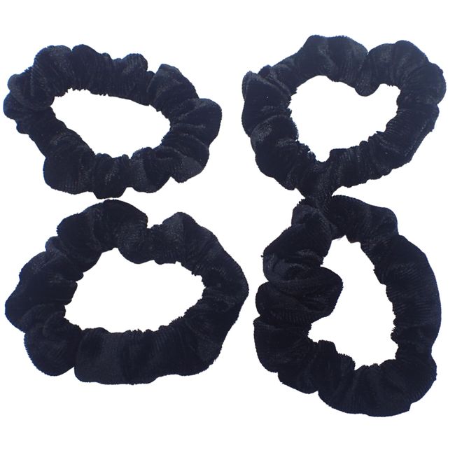 Topkids Accessories Small Skinny Velvet Hair Scrunchies Pack of 2 Scrunchies for Women & Girls, Cute Soft Scrunchy Hair Tie, Cute Hair Bobble, Velvet Hairband for Ladies & Kids Scrunchies (Black 4pc)