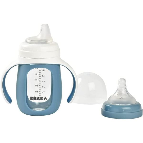 BEABA Baby Bottle, 2 in 1 Training Cup, Glass, Silicone Cover, Windy Blue, 210ml