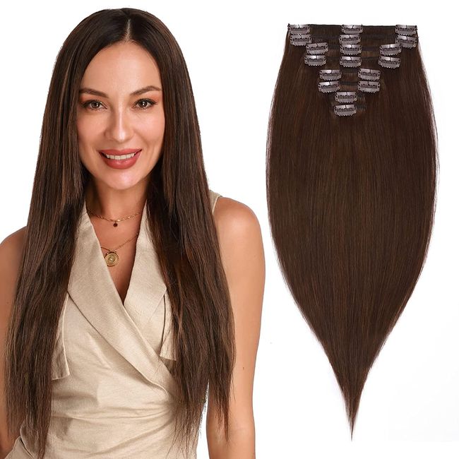 UK-Fashion-Shop Extensions Echthaar Clip In 100% Remy Echthaar Haarverlängerungen Glatt Standard 8 Tressen 18 Clips 25cm/75g (#4 schokoladenbraun)