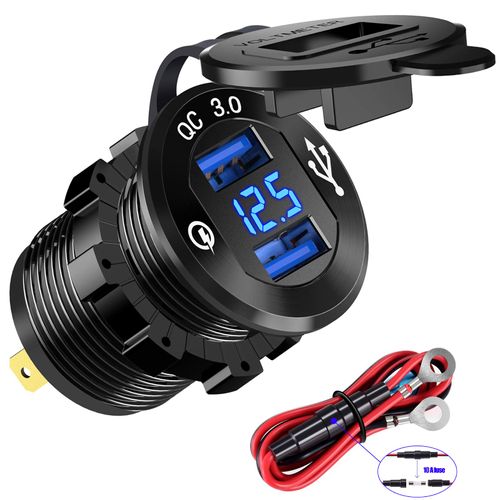 YONHAN 12V USB Outlet Quick Charge 3.0 Dual Charger Socket, USB Cigarette Lighter Socket with LED Voltmeter, Waterproof Aluminum Car Charger Adapter DIY Kit for Car Marine Truck Golf Cart RV, etc.