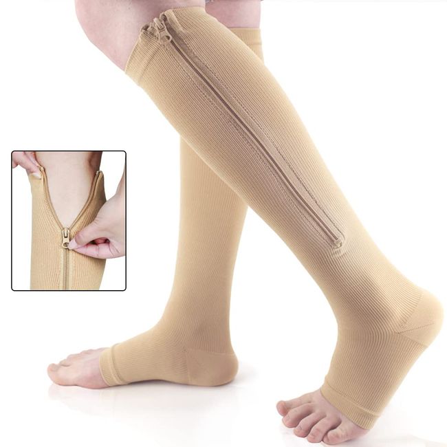 Ailaka Medical Zipper Compression Socks, 15-20 mmHg Knee High Open Toe Compression Socks for Men Women, Support Socks for Varicose Veins, Edema