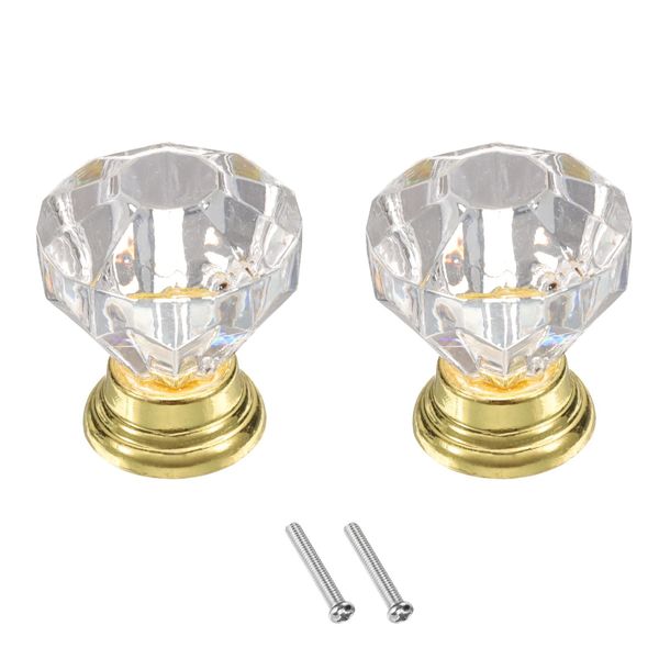 sourcing map 2 Pcs Crystal Knobs 25 mm Drawer Pulls Crystal Drawer Knobs for Cupboard, Wardrobe, Dresser, Clear/Gold