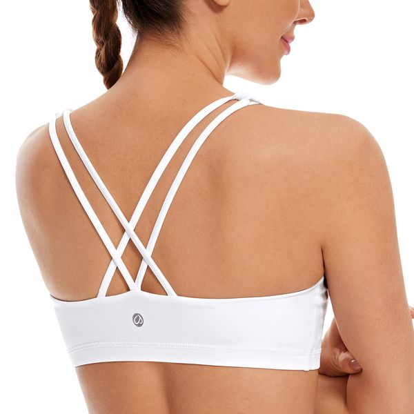 CRZ YOGA Women's Low Impact Strappy Sports Bra - Low Cut Wirefree Padded Yoga Bra Criss Cross Back White Large