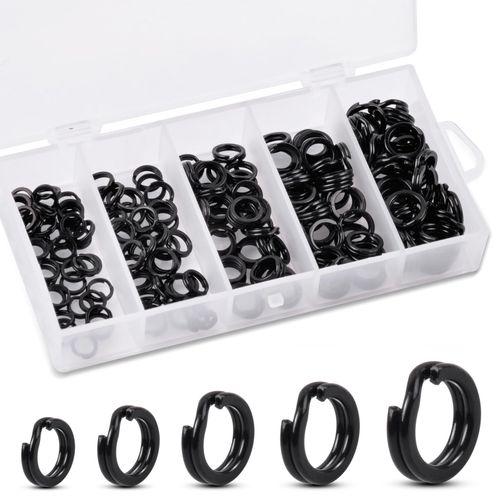 200pcs Split Rings Fishing Saltwater High Strength Stainless Steel Fishing Split Rings Hyper Flat Wire Fishing Tackle Hooks Connector for Jigging Lures Bait Black Color