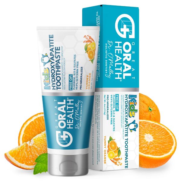 Kids Toothpaste Fluoride Free - Yummy Orange Flavored Nano Hydroxyapatite Toothpaste for Kids Remineralizing Toothpaste, Safe Children & Toddler Toothpaste + Xylitol for Cavity Protection & Gums 4 oz