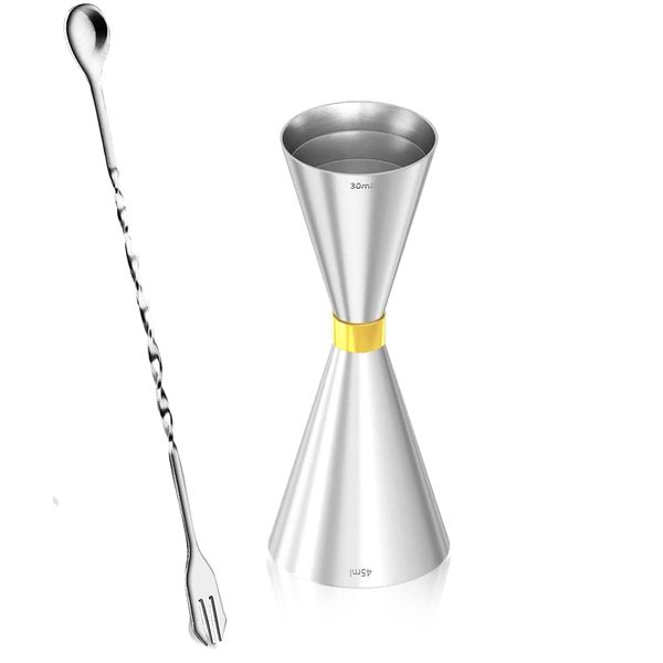 30ml/45ml Jigger Cup Graduated Cocktail Measuring Cup Whiskey Measuring Bar Spoon 32cm Whiskey Measuring Cup Stainless Steel Bartender Essential Set (Premium Silver)