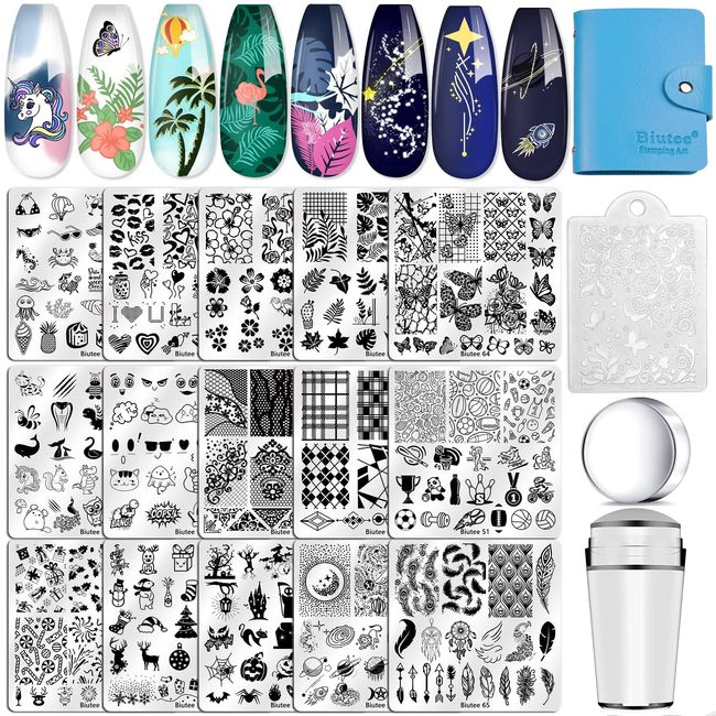 Biutee Nail Stamping Plates Set 15 pcs Nail Art Stamper Scraper Storage Bag Gift Box Nail Stamp Template Kit Lace Flower Butterfly Star Holiday Sports Design Nail Image Plate