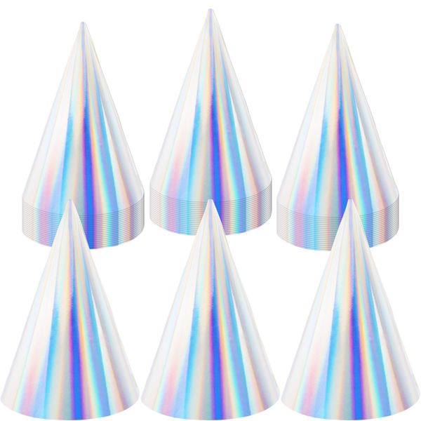 Haconba 60 Pieces Iridescent Party Hats Pastel Rainbow Laser Paper Birthday Cone Hats with Elastic String for Kids and Adults Birthday New Year Party Supplies