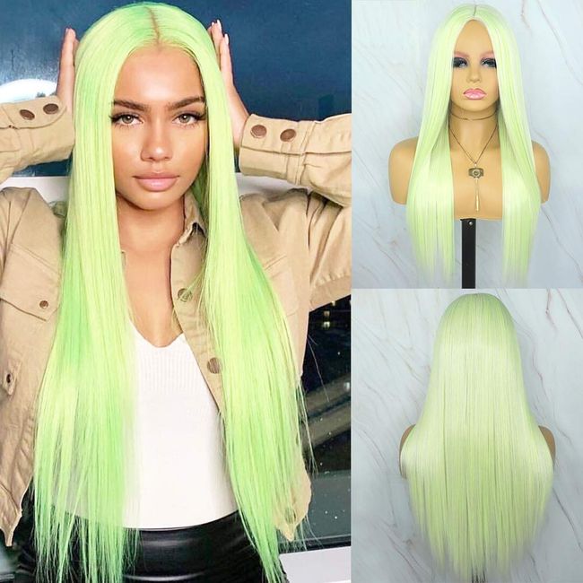 Rainbow Snow #60 Platinum Blonde Mixed Light Green Wig Synthetic Futura Heat Resistant Hair Long Straight Green Synthetic Wig Highlight for Women Full Machine Made with 4 Inch Lace Middle Part