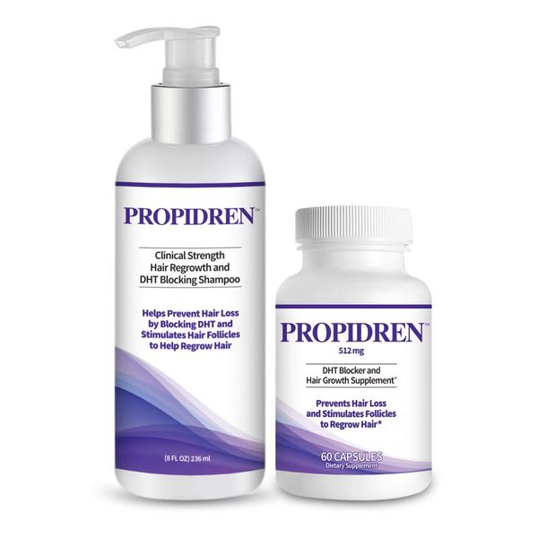 Propidren Combo Pack - DHT Blocker & Hair Growth Supplement (1 Bottle, 60 Count) & Shampoo (1 Bottle, 8 Ounces) to Prevent & Stop Hair Loss & Regrow Hair. Proprietary Hair Regrowth Treatment