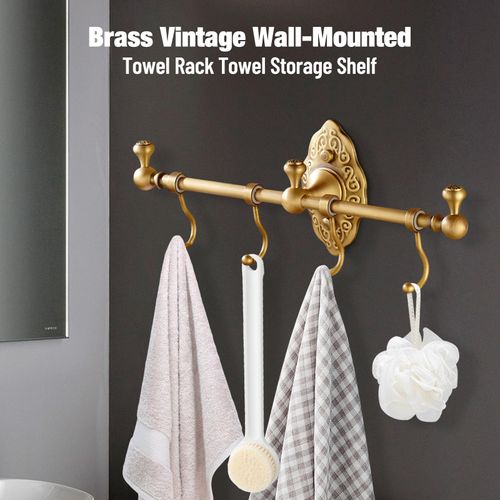 RustyVioum Wall Mounted Brass Towel Bar with 4 Hooks, European Retro Brass Towel Hook Rack, Antique Brass Bathroom Towel Hook Rack for Entryway Bathroom Bedroom, 14.17 * 2.95inch