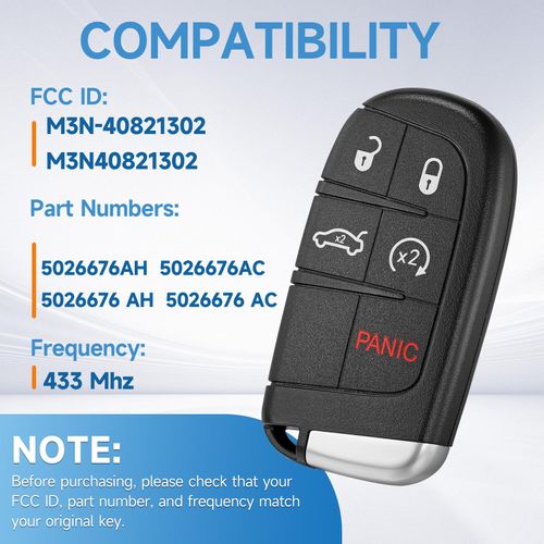 Key Fob Replacement Fits for Chrysler 300 2011 2012 2013 2014 2015 2016 2017 2018 200 2015-2021 Dodge Charger 2011-2018 Challenger 2015-2018 Dart 2014-2016 Smart Keyless Entry Remote Control