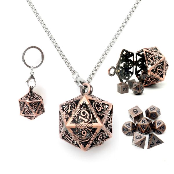 Haxtec Mini Metal DND Dice Set with Hollow Necklace Dice Case Antique Tiny Metal Dice Set D&D Keychain Portable 7PCS Dice Set