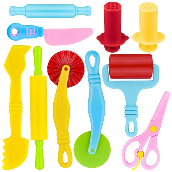 Playdough Tools 10 Piece Play Dough Tools for Kids, Plastic Playdough Toys with Rollers, Rolling Pins, Playdough Scissors, Playdough Cutters