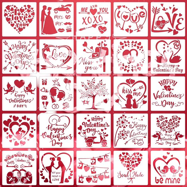 25pcs Valentine's Day Stencils Reusable, 5x5" Love Heart Stencils for Painting on Wood, Drawing Painting Spraying Template for Greeting Cards, Wall Window Door DIY Decor (D-25PCS)