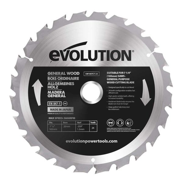 Evolution Power Tools GW185TCT-24 General Wood Carbide Tipped TCT Blade, For Table Saws and Mitre Saws, 185 mm