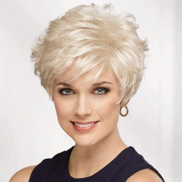 Emmor Short Platinum Blonde Human Hair Wigs for Women Blend Pixie Cut Wig With Bang,Natural Daily Use Hair (Color 600#)