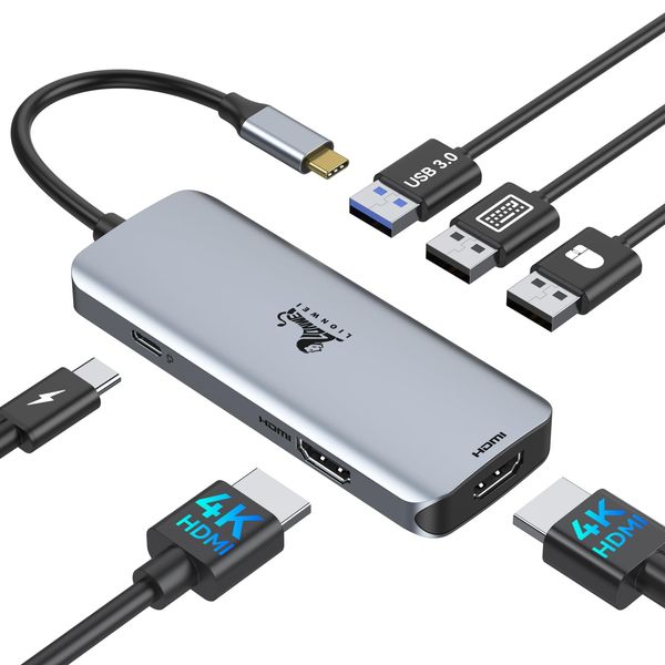 USB C Docking Station Dual Monitor, LIONWEI Laptop USB C Hub, USB C Dock Multiport Adapter with 2 4K HDMI, 3 USB-A/3.0/2.0, 100W Power Delivery, 6-in-1 USB Dongle for MacBook/Surface/Lenovo/Dell/HP