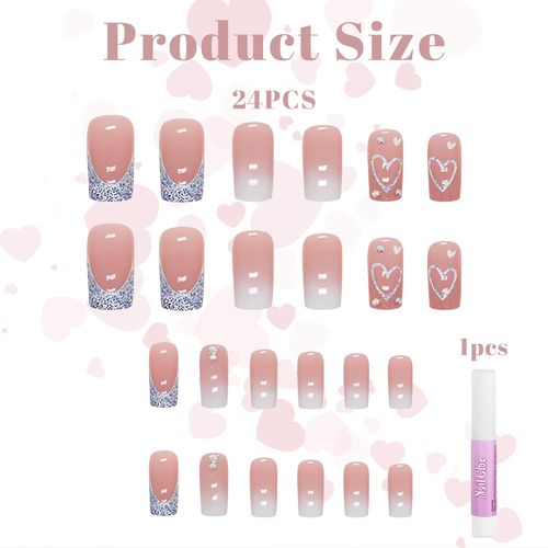 Kryzalite 24 pezzi French Tip Press on Nails Heart Deign, unghie finte rosa lucide con colla, unghie riutilizzabili Stick-on in 12 misure