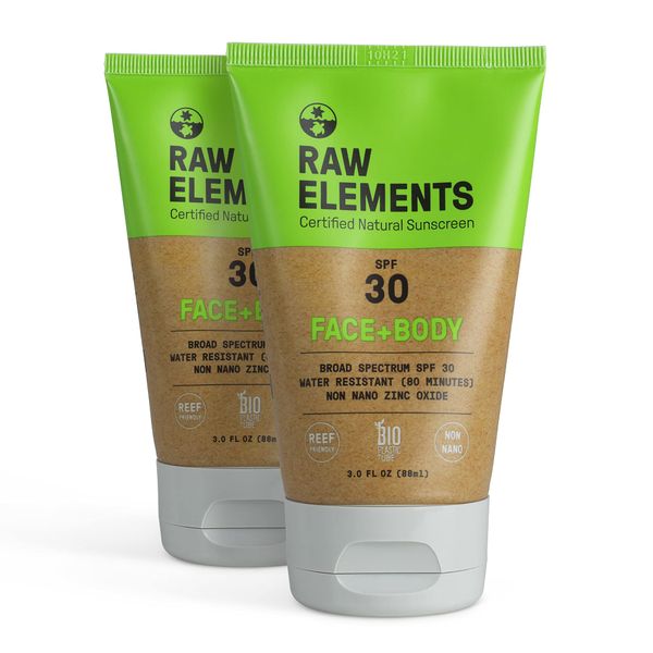 Raw Elements Face and Body All-Natural Mineral Sunscreen - Non-Nano Zinc Oxide, 95% Organic, Water Resistant, Reef Safe, Cruelty Free, SPF 30+, All Ages, Moisturizing, Bio-Resin Tube, 3oz (2-Pack)