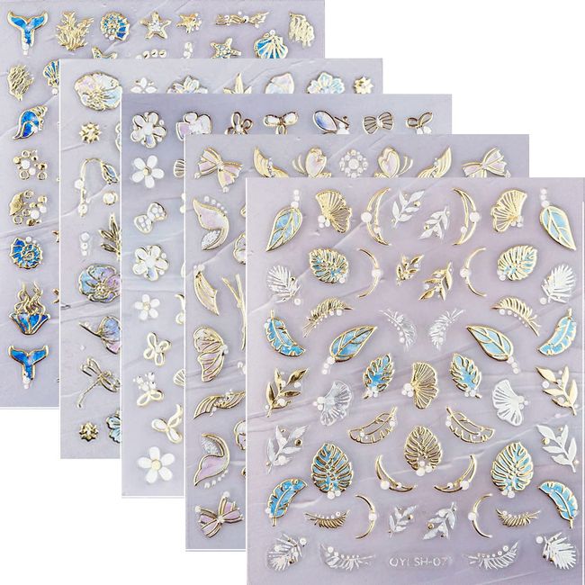 Zoance 20 Sheet 5D Embossed Nail Art Stickers,Luxury Gold Silver Nail Decals Self-Adhesive Metallic Leaves Flower Butterfly French Nail Stripe Line Stickers for Women Salon Home DIY Nail Supplies