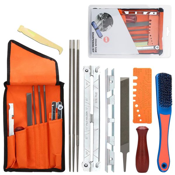 Chainsaw Sharpener File Kit Universal Chainsaw Field Sharpening Kit Includes Round Files, Flat File, Handle, Filing Guide, Wood Handle, Depth Gauge, and wire brush - for Sharpening Chainsaw