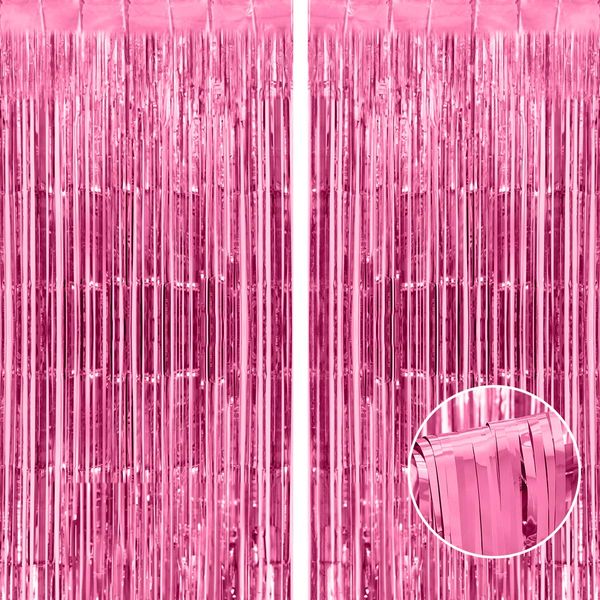 Thicken Pink Foil Fringe Curtains Decorations 3.2x8.2ft - 2 Pack, Photo Backdrop for Birthday Bachelorette Bridal Shower Baby Shower Graduation Party, Party Streams Decor