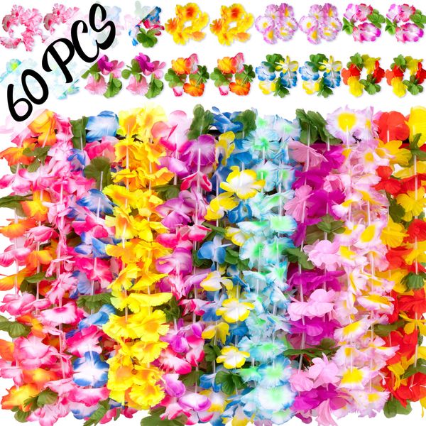 Moon Boat 60 Pieces Hawaiian Luau Leis Necklaces Bracelets - Tropical Tiki Hibiscus Flowers for Summer Pool Party Favors Supplies Decorations (10 Styles)